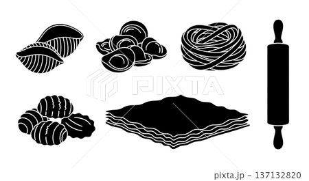 Black Solid Pasta Making Silhouettes Set of Six on White Background Black Solid Pasta Making Silhouettes Set of Six on White Background 137132820