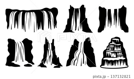 Black Solid Frozen Ice Waterfall Silhouettes Set of Six on White Background 137132821