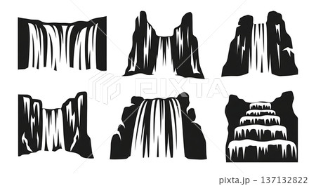 Black Solid Frozen Ice Waterfall Silhouettes Set of Six on White Background 137132822