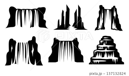 Black Solid Frozen Ice Waterfall Silhouettes Set of Six on White Background 137132824