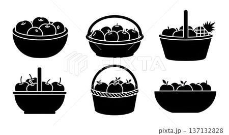 Black Solid Fruit Basket Silhouettes Set of Six on White Background Black Solid Fruit Basket Silhouettes Set of Six on White Background 137132828