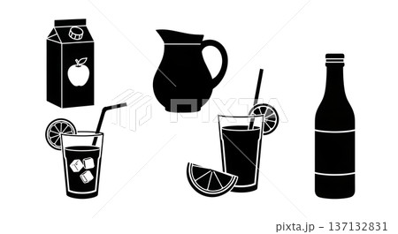Black Solid Fruit Juice Silhouettes Set of Six on White Background 137132831