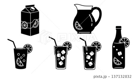Black Solid Fruit Juice Silhouettes Set of Six on White Background 137132832