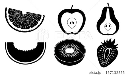 Black Solid Fruit Slice Silhouettes Set of Six on White Background Black Solid Fruit Slice Silhouettes Set of Six on White Background 137132833
