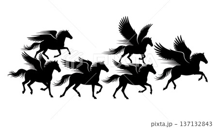 Black Solid Galloping Pegasus Silhouettes Set of Six on White Background 137132843