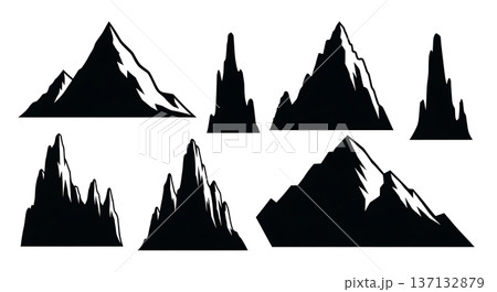 Black Solid Granite Spire Mountain Silhouettes Set of Six on White Background 137132879
