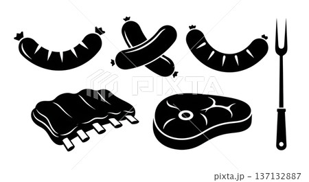 Black Solid Grilling Meat Silhouettes Set of Six on White Background 137132887