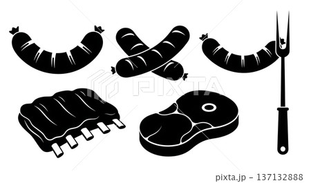 Black Solid Grilling Meat Silhouettes Set of Six on White Background 137132888