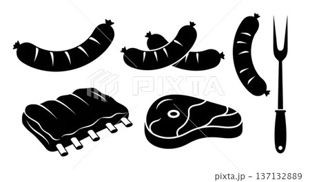 Black Solid Grilling Meat Silhouettes Set of Six on White Background 137132889