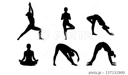 Black Solid Health Vitality Hatha Yoga Silhouettes Set of Six on White Background Black Solid Health Vitality Hatha Yoga Silhouettes Set of Six on White Background 137132900