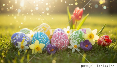 春の花と装飾された華やかなイースターエッグ 137133177