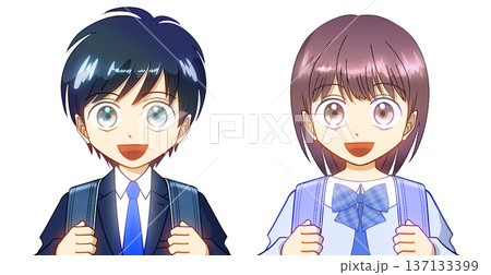 小学校の入学式、ランドセルを背負った男の子と女の子のアニメ風イラスト 137133399