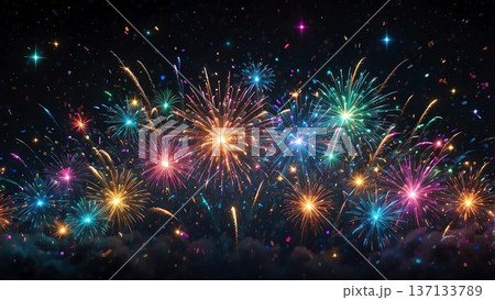 ゲーム背景　花火大会の夜のフィナーレに連続して上がる打ち上げ花火 137133789