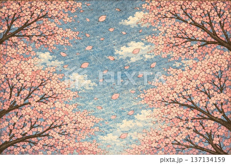 桜　満開の桜　桜並木　春イメージ　木版画風 137134159