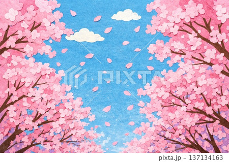 桜　満開の桜　桜並木　春イメージ　貼り絵風 137134163