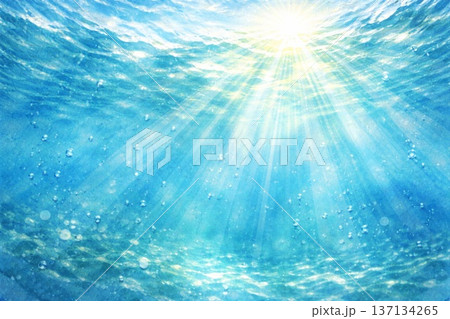背景素材　水中　海中　見上げる　太陽光線　水彩画 137134265