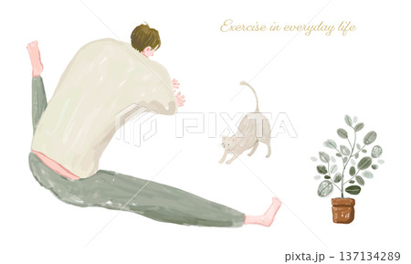 室内でストレッチする男性と猫 137134289