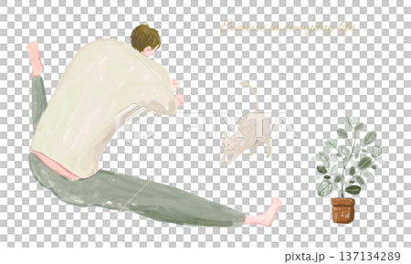 室内でストレッチする男性と猫 137134289