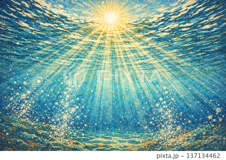 背景素材　水中　海中　見上げる　太陽光線　版画風 137134462