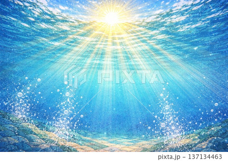 背景素材　水中　海中　見上げる　太陽光線　水彩画 137134463