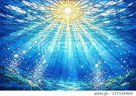 背景素材　水中　海中　見上げる　太陽光線　ステンドグラス風 137134464