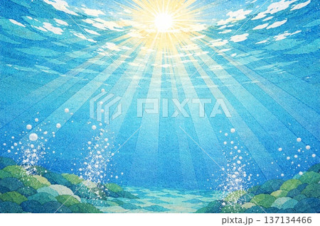 背景素材　水中　海中　見上げる　太陽光線　貼り絵風 137134466