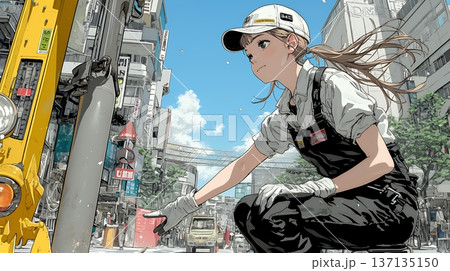 建設現場で重機を操作する若い女性