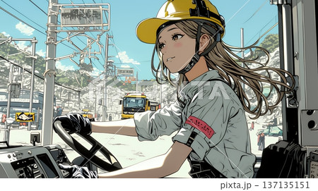 建設現場で重機を操作する若い女性