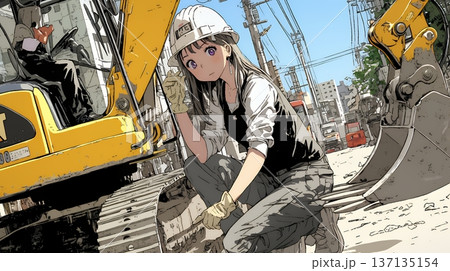 建設現場で重機を操作する若い女性