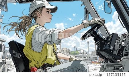 建設現場で重機を操作する若い女性