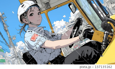 建設現場で重機を操作する若い女性