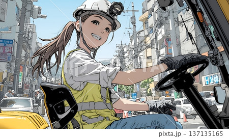 建設現場で重機を操作する若い女性