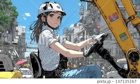 建設現場で重機を操作する若い女性