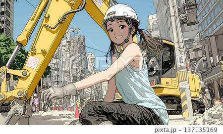 建設現場で重機を操作する若い女性