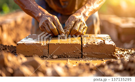 hands carving wood using a chisel in warm natural light. 137135295