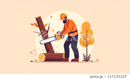 Lumberjack Cutting Tree Illustration 137135297