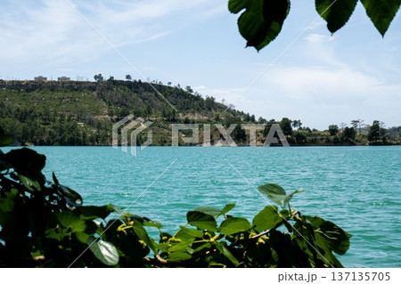 Panoramic Landscape view on green canyon Antalya Turkey with turquoise water mountain cliffs and green forest. Showcasing natural beauty travel tourist destination. Vacation concept 137135705