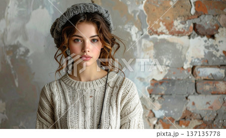 Natural Portrait of Young Woman with Rustic Texture Wall Natural Portrait of Young Woman with Rustic Texture Wall 137135778