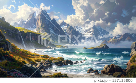 Majestic Mountain Range with River and Dramatic Sky 137135800