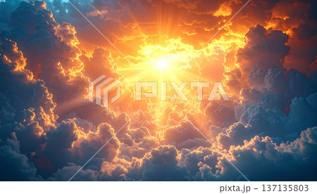 Dramatic Heavenly Light Breaking Through Clouds Background 137135803