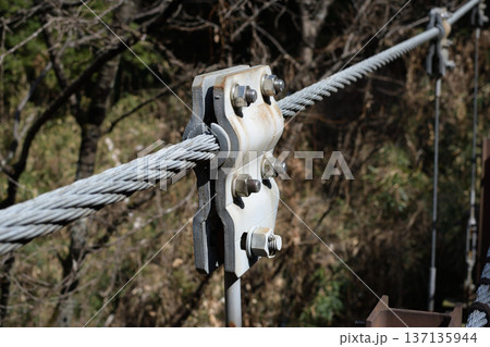 吊り橋ケーブルと金具の力強いクローズアップ03 137135944