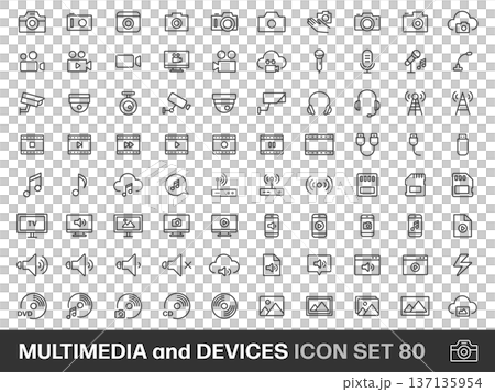 Multimedia and Device Line Icon Set of 80 Multimedia and Device Line Icon Set of 80 137135954