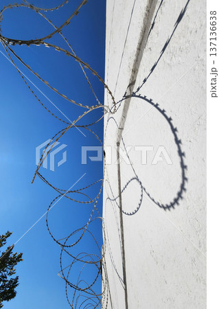Barbed wire on white wall and blue sky with shadows from bright sun. High quality photo Barbed wire on white wall and blue sky with shadows from bright sun. High quality photo 137136638