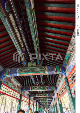 Decorative ceramic roof details Summer Palace, traditional forms, rhythmic patterns, and historic craftsmanship within palace complex environment, Beijing, China. Vertical photo 137136650