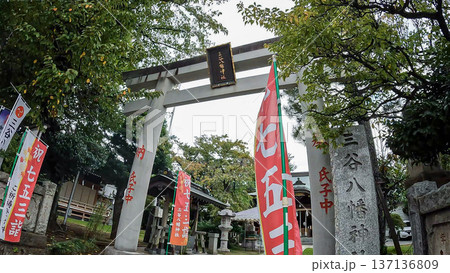 東京、三谷八幡神社の鳥居と七五三ののぼり旗 東京、三谷八幡神社の鳥居と七五三ののぼり旗 137136809