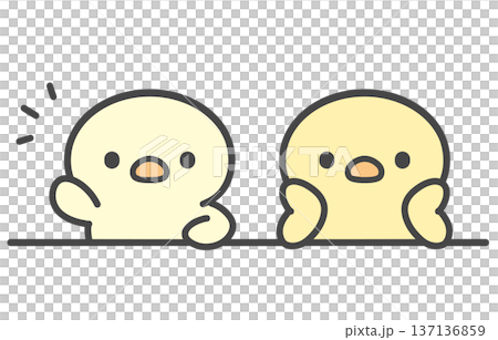 Hand-drawn illustrations of a chick raising its hand and a chick resting its chin on its hand - contrasting active and passive behavior during class or a meeting 137136859