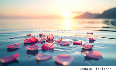 穏やかな海面に浮かぶピンクの花びらと清らかな波が織りなす海洋葬と追悼のための美しい祈りの風景 137137271