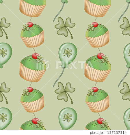 Seamless pattern Saint patrick's day elements cartoon. Hand drawn watercolor illustration. textiles and seasonal fabric.	 137137314