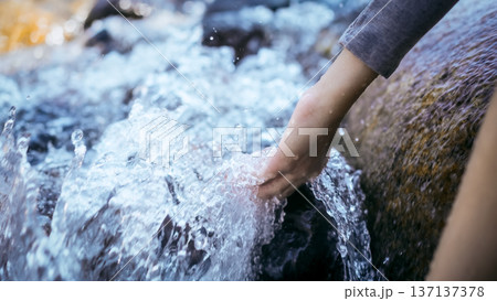 Close-up of a hand touching splashing clear river water 137137378