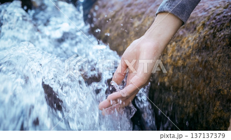 Close-up of a human hand reaching into a fast-flowing clear mountain stream Close-up of a human hand reaching into a fast-flowing clear mountain stream 137137379
